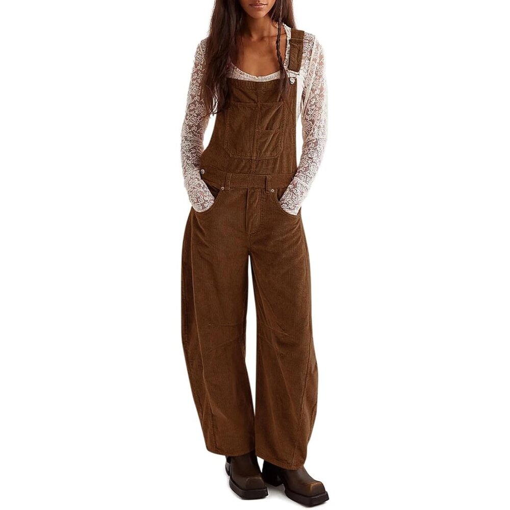 Women Brown Loose Fit Wide Leg One Piece Jumpsuits Casual Fleece Overall Romper